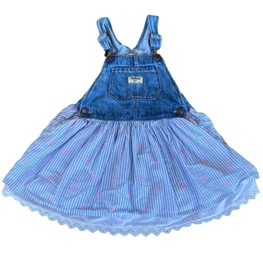 OshKosh B’Gosh Striped Denim Overall Jumper 5T Eyelet Lace Pink Flowers GUC